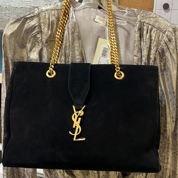 Auth. Saint Laurent Monogram YSL Cassandre Suede Tote Black & Gold - Picture 3 of 12